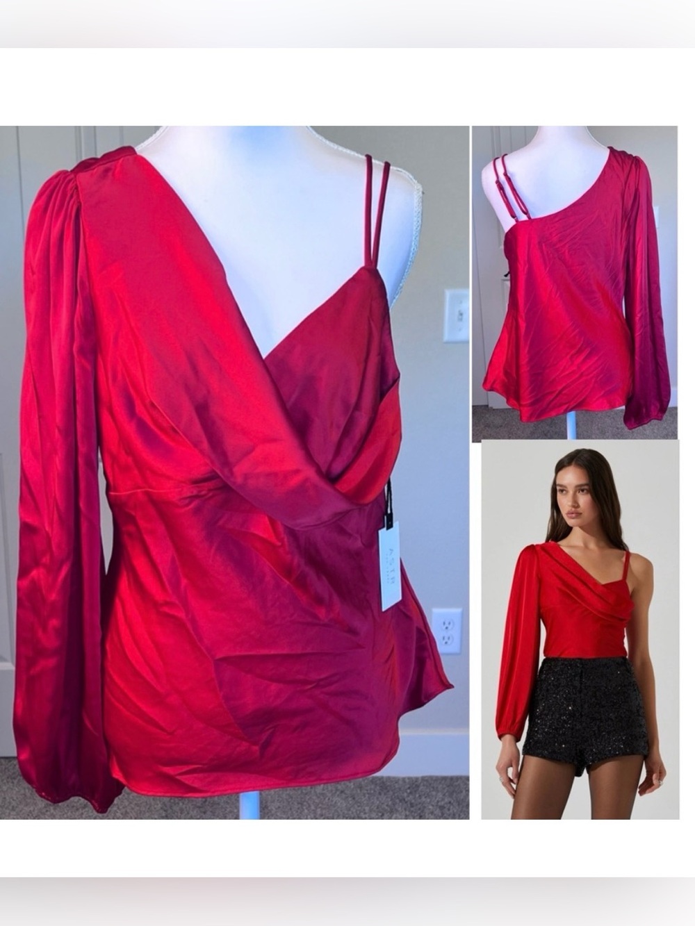 NWT Astr Jenah One-Shoulder Satin Top Adjustable Straps Sz Large